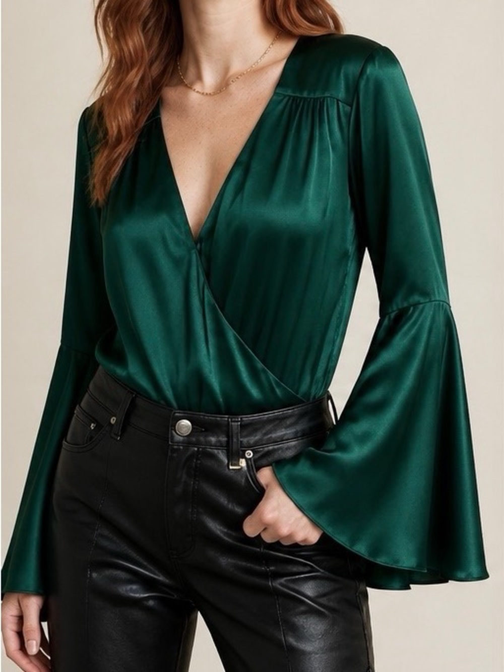 NWT Caroline Constas Emerald Green Bell-Sleeve Silk V-Neck Bodysuit